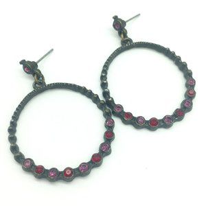 1928 Antiqued Dark Bronze Tone Dangle Hoop Rhinestone Earrings Goth Victorian